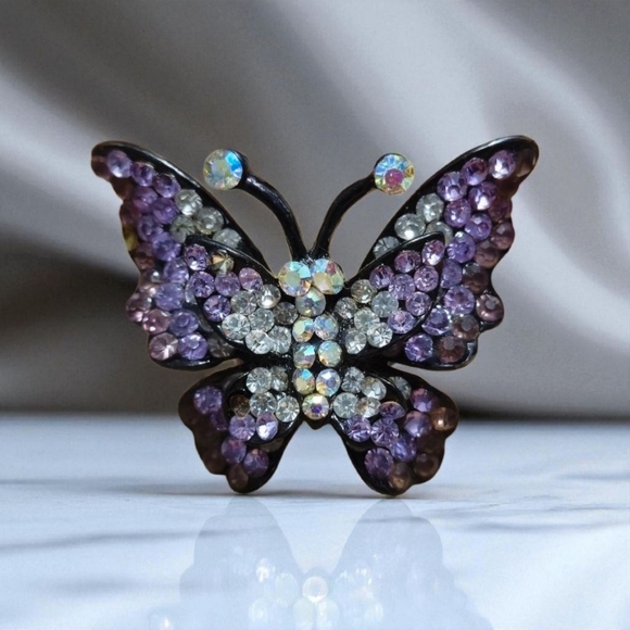 Purple Rhinestone Black Silver Tone Butterfly Ring Size 7 Adjustedble - Picture 5 of 17
